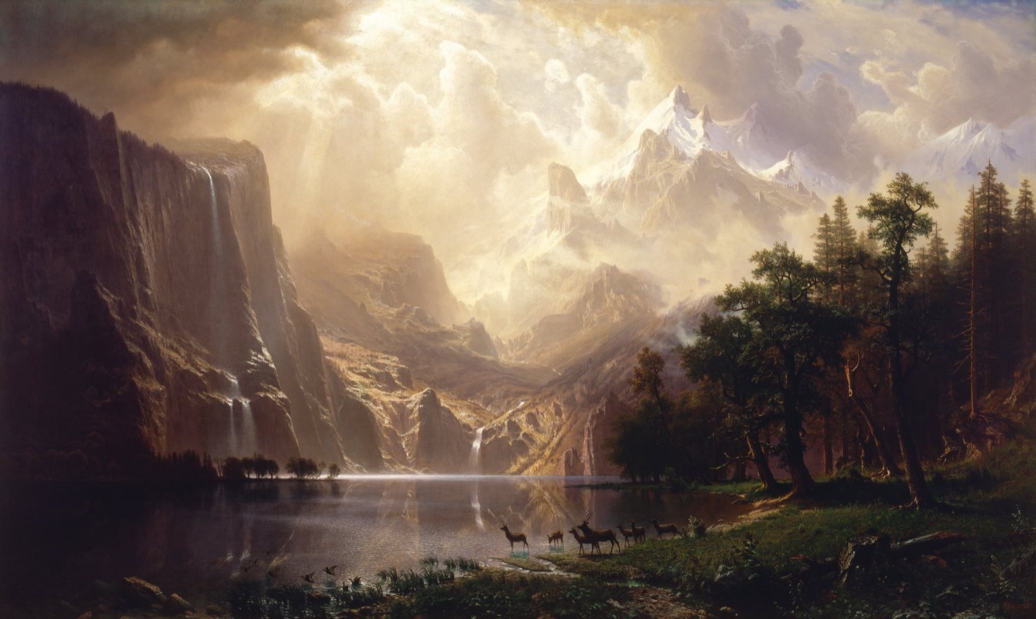 Albert Bierstadt's painting of the Sierra Nevada: a luminous lake and valley ringed by mountains and forest.