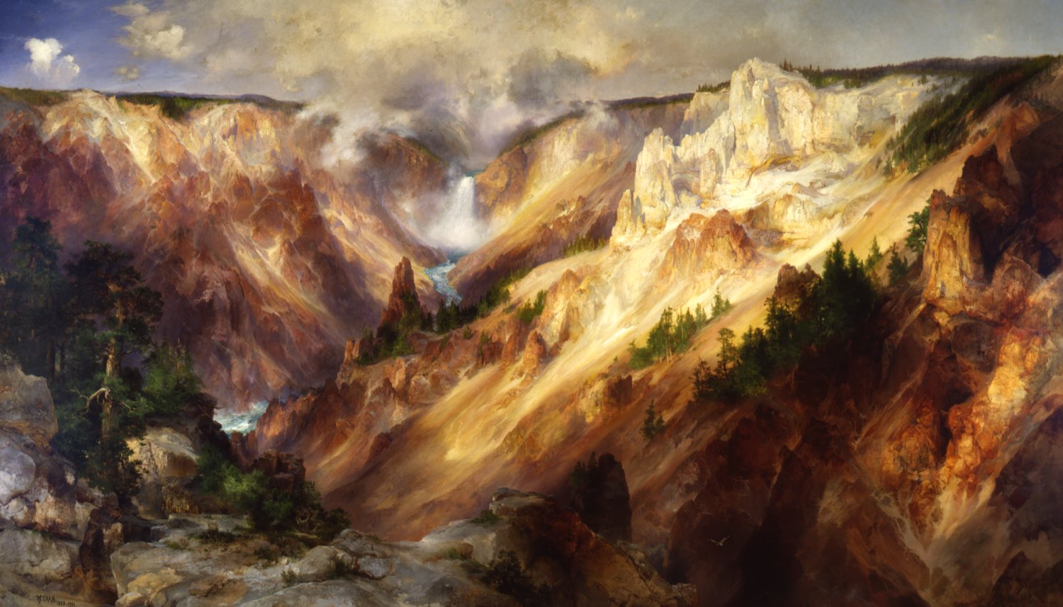 Thomas Moran's painting of the Grand Canyon of the Yellowstone: a deep gorge with a distant waterfall and golden cliffs.