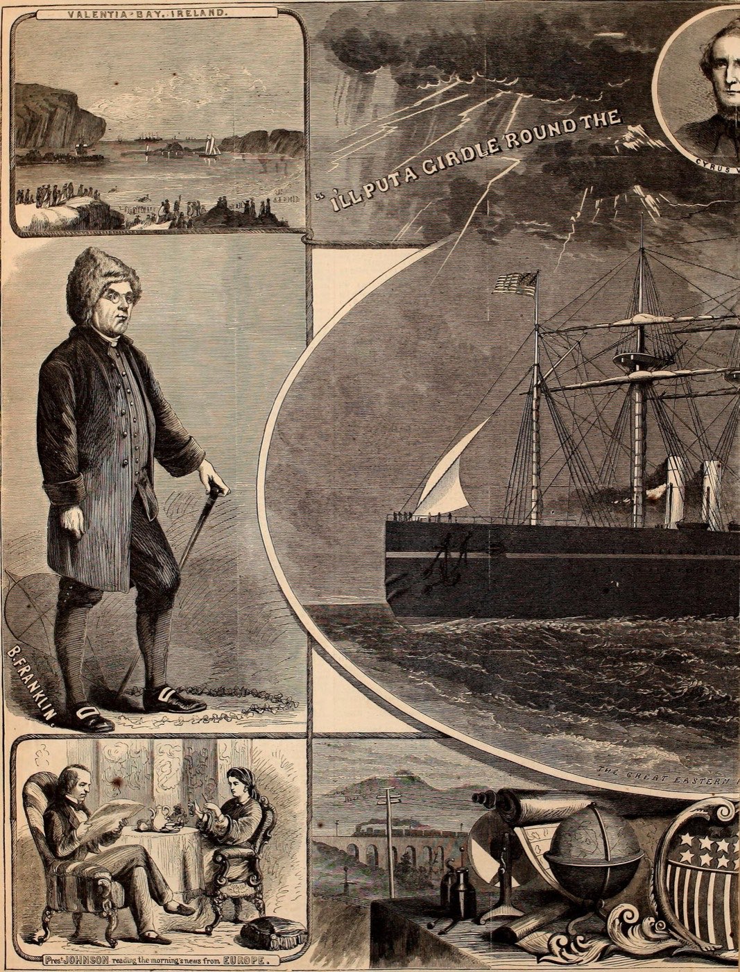 An 1865 engraving of the steamship Great Eastern paying a submarine telegraph cable over its stern into the Atlantic, crew working the gear under a smoking funnel.