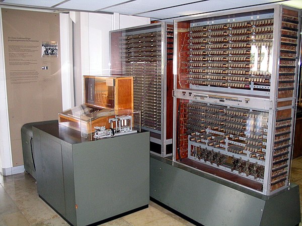 The reconstructed Zuse Z3 computer on display at the Deutsches Museum in Munich, showing its relay-based architecture.