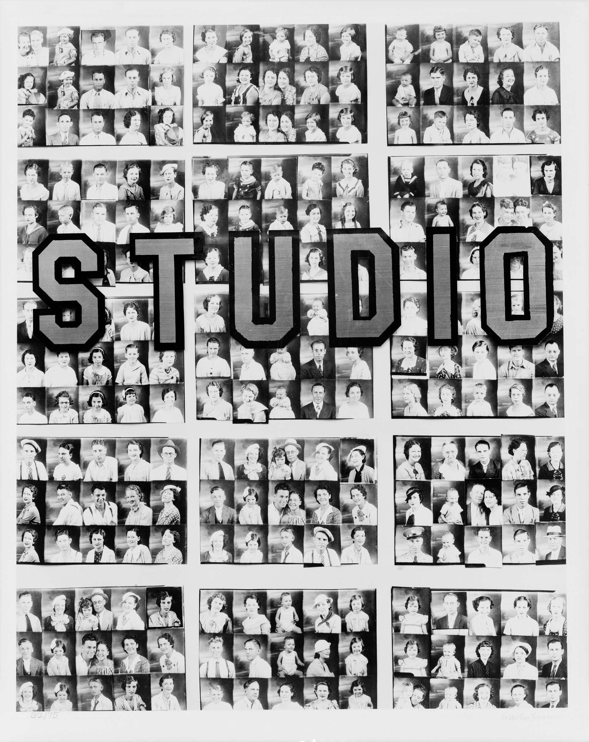 A storefront window displaying dozens of small penny portrait photographs in a grid, Birmingham, Alabama, 1936.
