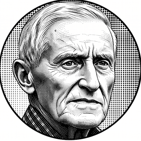Halftone portrait of an elderly farmer, rendered in heavy black dots on white, with deeply lined features and a plain collared shirt.