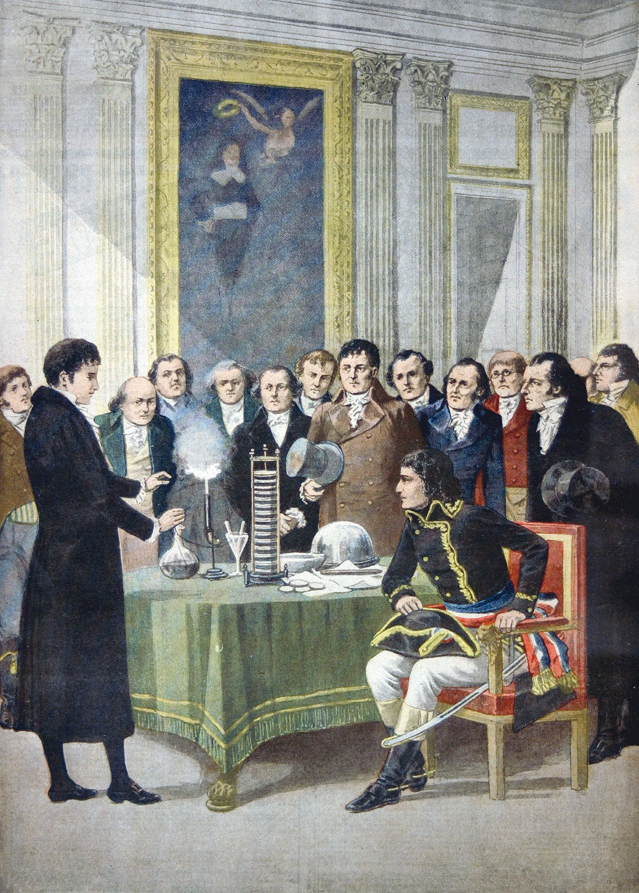 A nineteenth-century engraving of Alessandro Volta presenting his voltaic pile to Napoleon Bonaparte in a Paris salon, 1801.