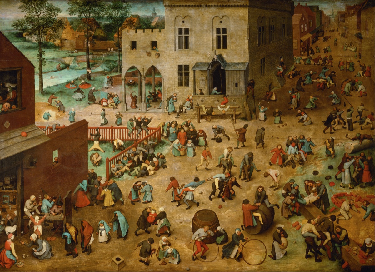 A panoramic painting of dozens of children playing roughly eighty different games at once across a Flemish town square.