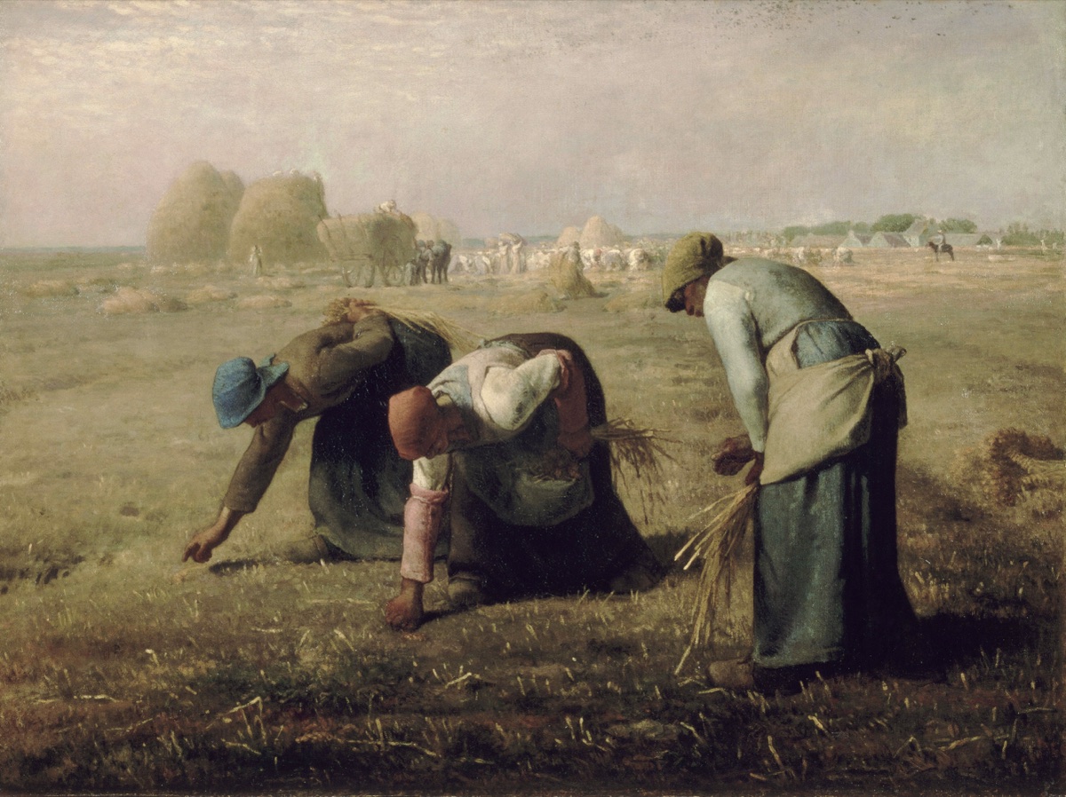 Three peasant women bent over a stripped wheat field, gleaning what the harvest left behind.