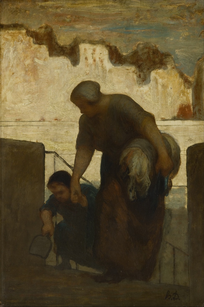 A woman climbing stone steps from the Seine carrying a child and a bundle of laundry.