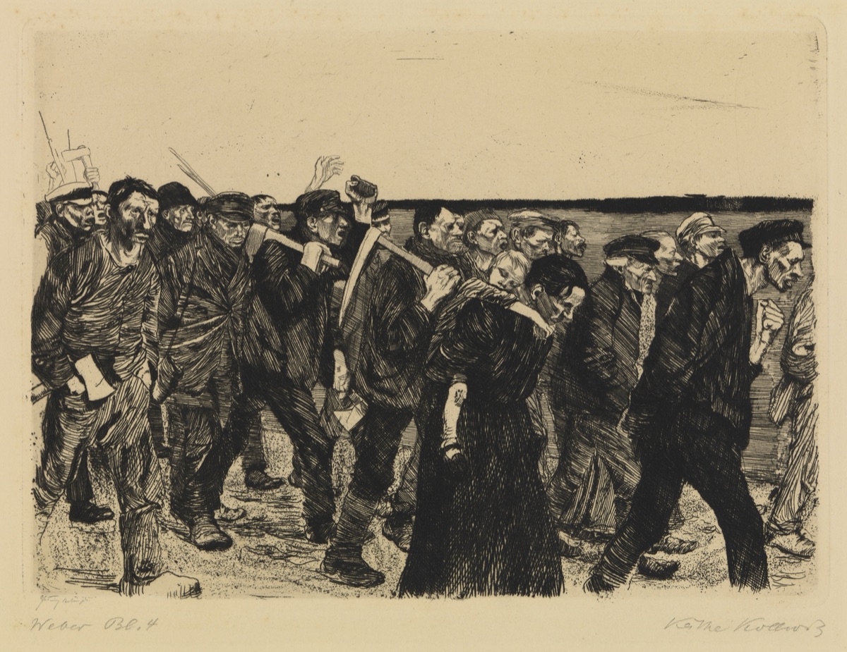A group of Silesian weavers walking together in profile, a print from Käthe Kollwitz’s A Weavers’ Revolt cycle.