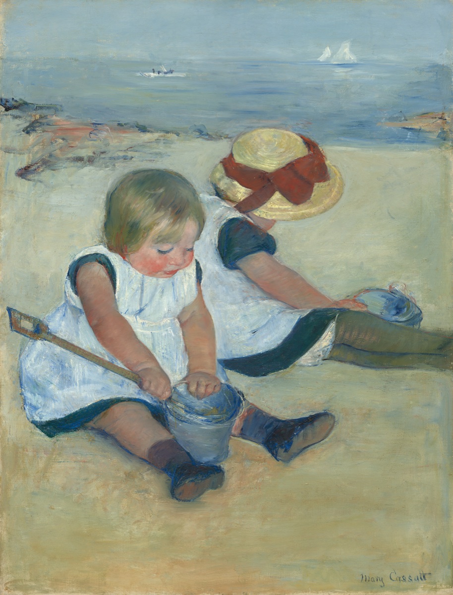 Two small children digging in the sand at the edge of the sea, painted by Mary Cassatt.