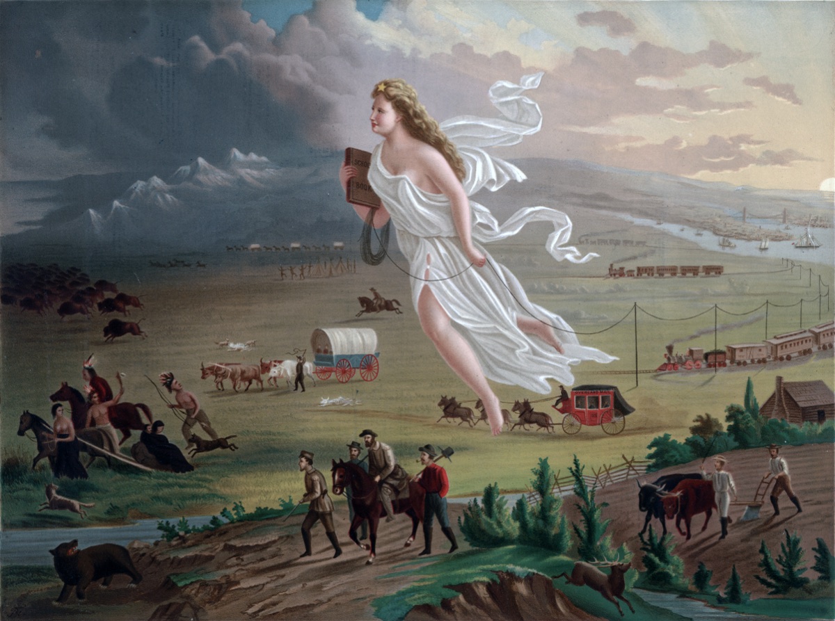 An allegorical female figure floats westward across the American plains carrying a telegraph wire, with settlers advancing and Indigenous peoples retreating before her.