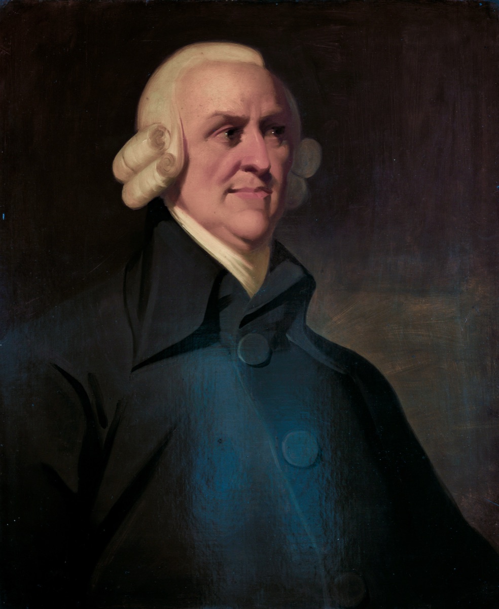 A profile portrait of Adam Smith in 18th-century dress, the so-called Muir portrait.