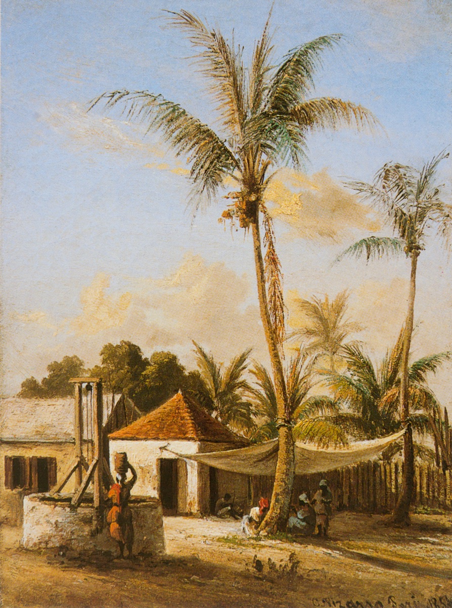Villagers gathered around a public well in a French village, painted in soft brown tones.
