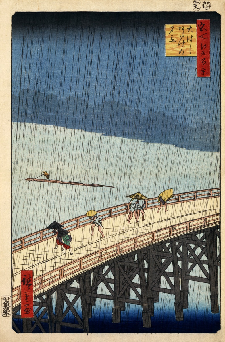 Pedestrians on a wooden bridge caught in a sudden downpour, the rain rendered as long diagonal lines.