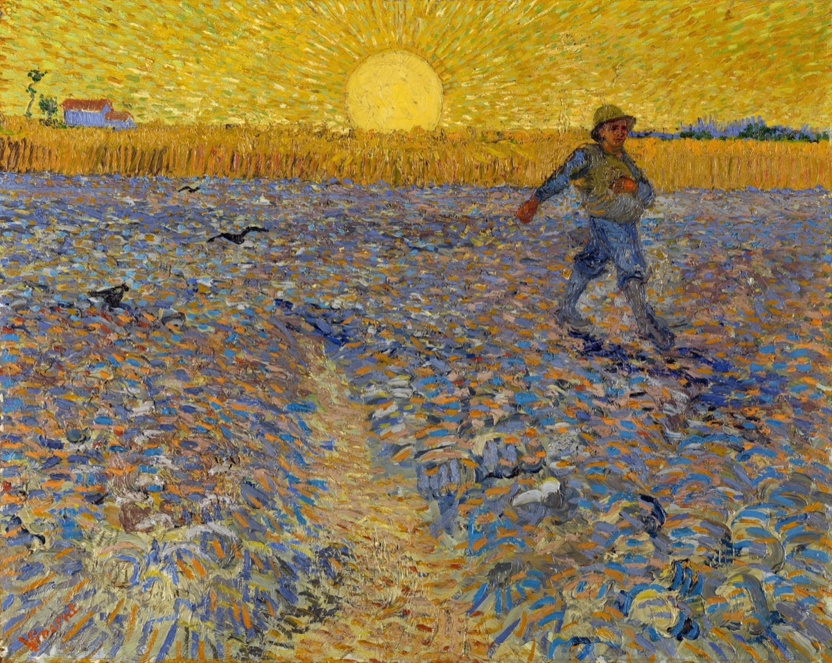 A solitary farmer striding across a field, scattering seed by hand against a vast yellow sun.