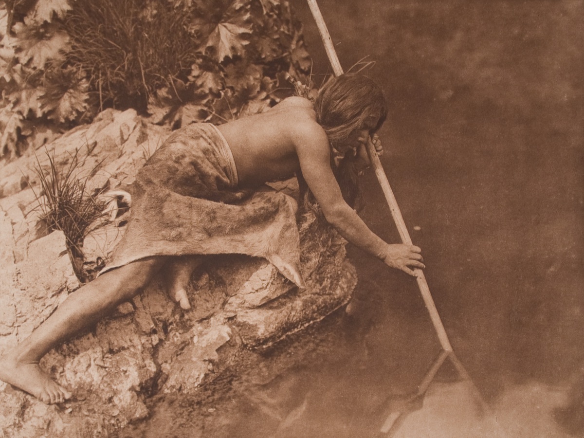 A Hupa fisherman with a long-handled dip net standing on a riverbank in northern California.
