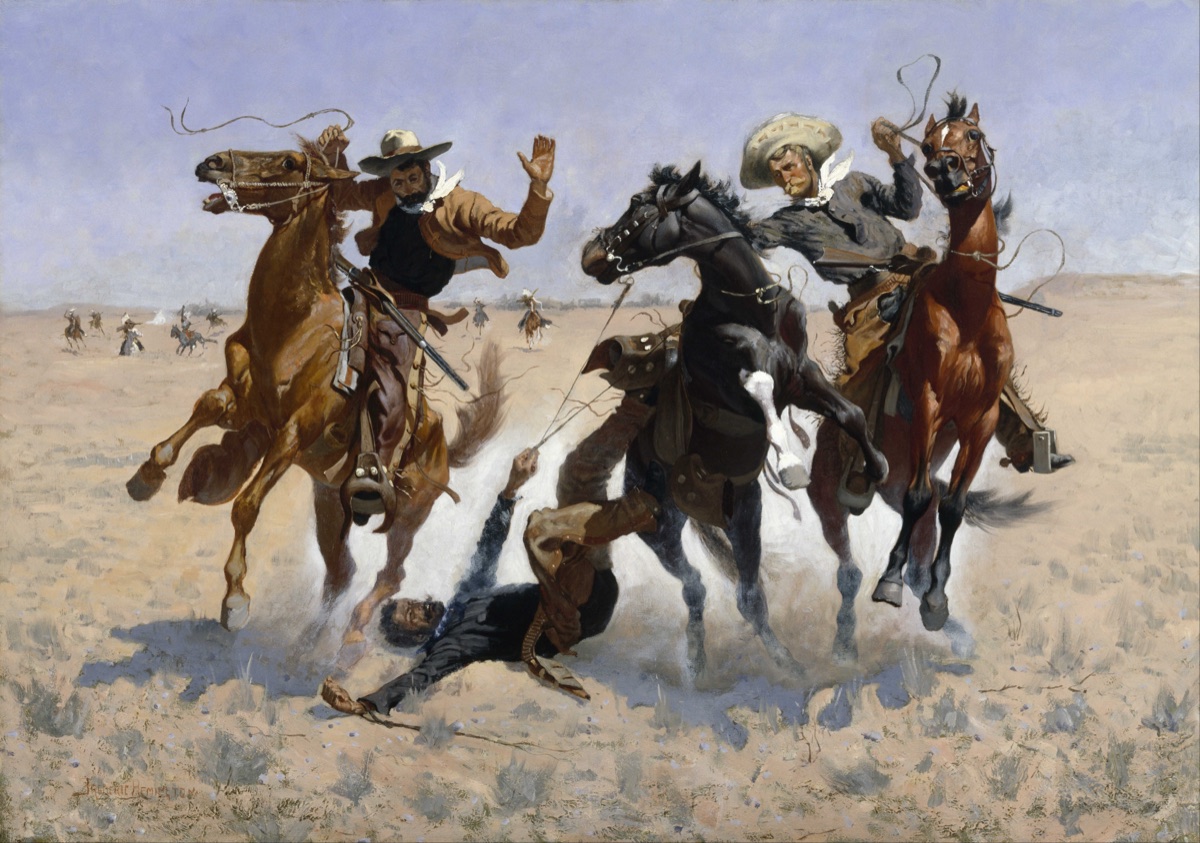 A cowboy on horseback reaching down to help a fallen comrade, painted by Frederic Remington.