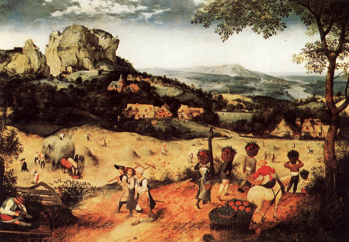 A village cooperatively haying a midsummer field, from Bruegel’s Months series.
