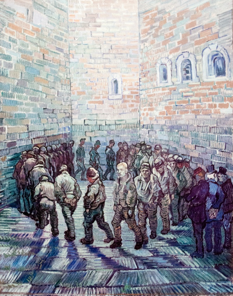 Thirty-three prisoners walking in a tight circle inside high prison walls, heads bowed, painted by Van Gogh after a Gustave Doré engraving.