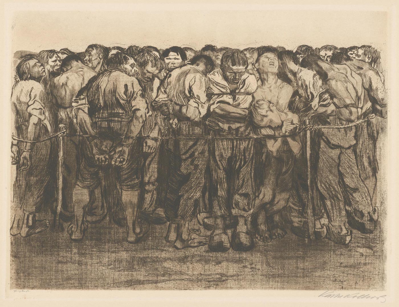 A crowd of bound prisoners herded together in a roped-off area, an etching from Käthe Kollwitz’s Peasants’ War cycle.