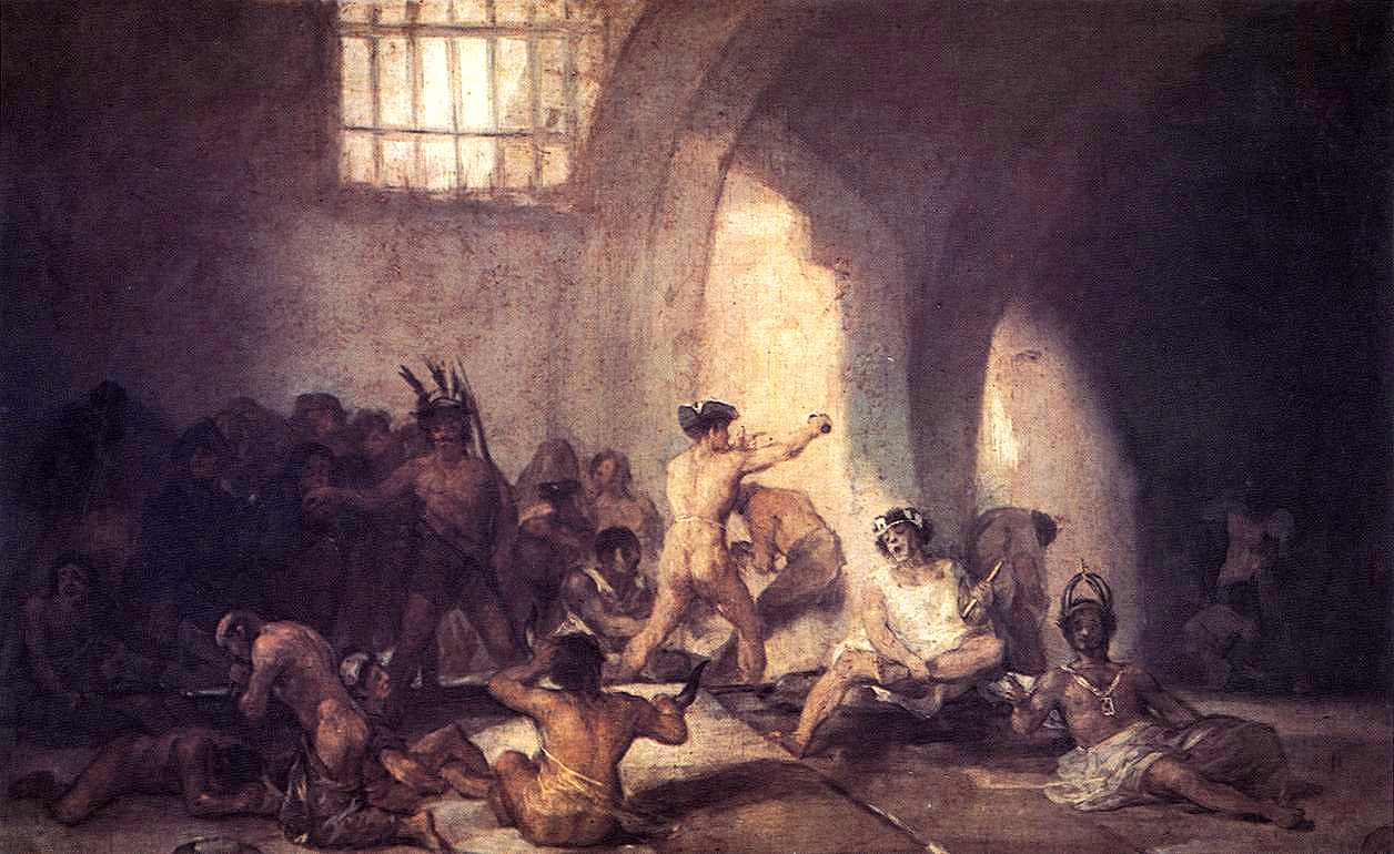 Inmates of a mental asylum in various states of distress, lit by a single barred window high on the wall, painted by Goya.