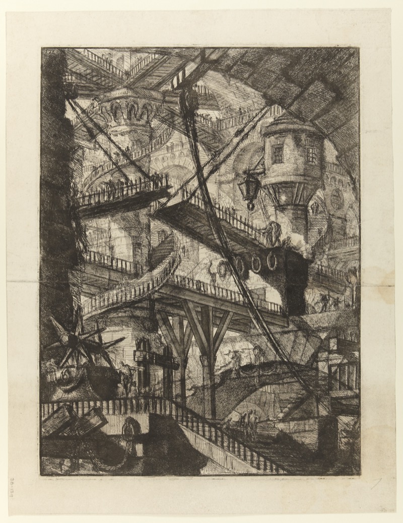 A vast imaginary prison interior with drawbridges, staircases, and arches receding into darkness, etched by Piranesi.